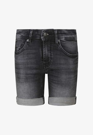 Shorts en denim noir délavé avec fermeture à boutons, poches avant, passants pour ceinture et revers roulés.