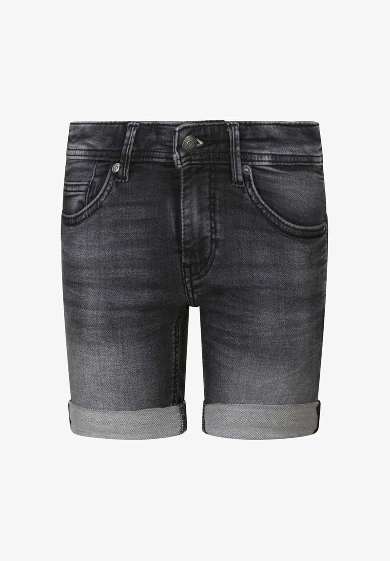 Shorts en denim noir délavé avec fermeture à boutons, poches avant, passants pour ceinture et revers roulés.