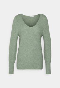 Pull tricot vert clair avec un col en V profond, manches longues, texture côtelée et silhouette ajustée. Pas d'ornements ou de motifs visibles.