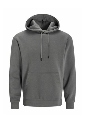 Grå hoodie i mjukt material, med en framficka av kenguru-typ, justerbara snoddar och ribbade muddar och fåll.