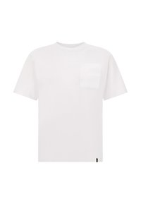 T-shirt bianco in cotone con colletto a giro, maniche corte e taschino sul lato sinistro del petto. Presenta un piccolo etichetta logo sul lato inferiore.