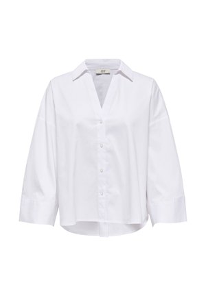 Hvid langærmet skjorte med knapper, krave, let løs pasform og brede manchetter.