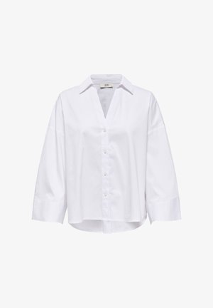 Hvid langærmet skjorte med knapper, krave, let løs pasform og brede manchetter.