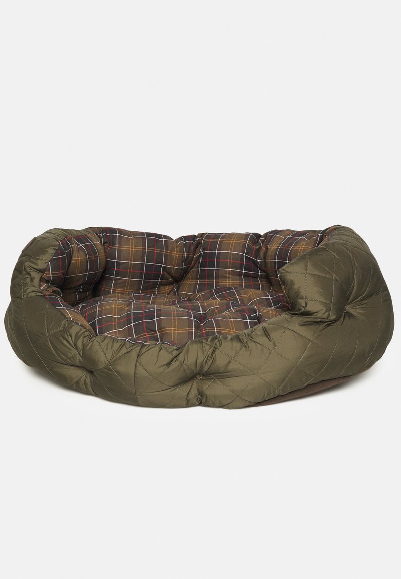 Quilted pet bed with an olive green exterior and a brown, plaid patterned interior. Round shape with plush cushioning for comfort.