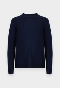 Navy blue sweater with long sleeves, round neckline, ribbed cuffs and hem, made from soft knit material, featuring a smooth texture.