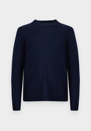 Marineblauer Pullover mit langen Ärmeln, Rundhalsausschnitt, gerippten Bündchen und Saum, aus weichem Strickmaterial gefertigt, mit einer glatten Textur.