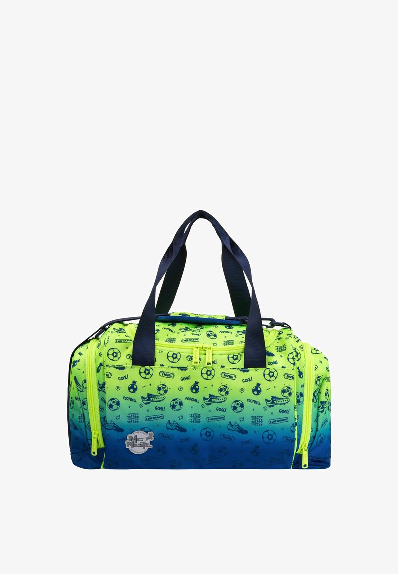Sac de sport présentant un motif dégradé vert et bleu vif avec des graphiques de football, des fermetures à glissière et deux poignées bleues marine. Tissu durable.