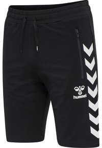 Svarta sportshorts med vita chevron-ränder längs sidan, en ficka med dragkedja, resårmidja med snöre och hummel-logo på höger ben.
