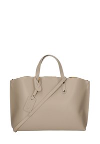Borsa tote in pelle beige con due manici superiori, una tracolla rimovibile e un'etichetta. Presenta una texture liscia e un design minimalista.