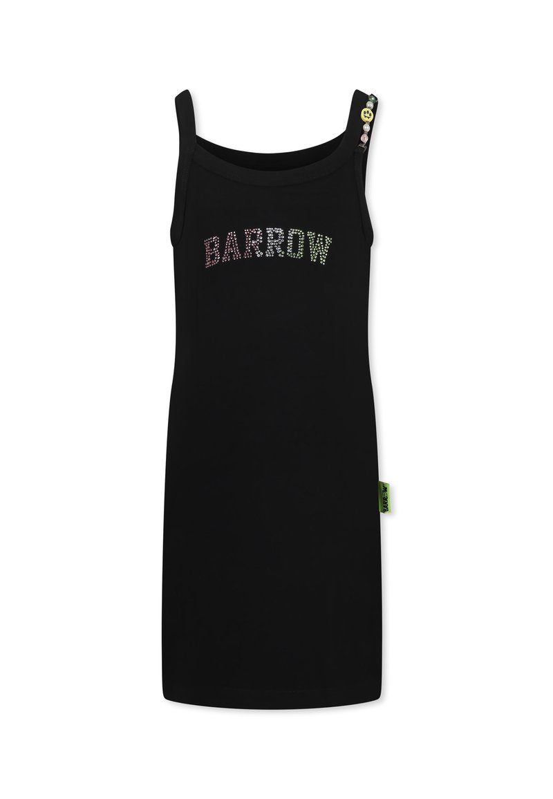 Abito nero senza maniche con la scritta "BARROW" decorata con strass colorati; presenta spalline decorative e un'etichetta verde sul lato.