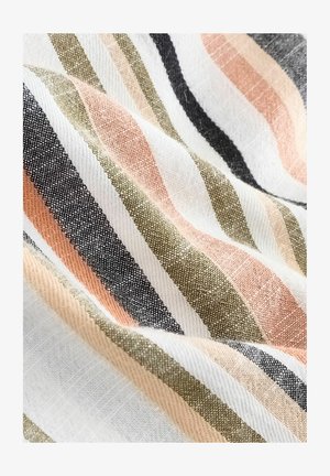 Striped fabric featuring textured lines in black, white, olive green, peach, and blush pink tones, creating a layered, soft appearance.