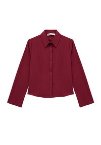 Burgundy long-sleeve shirt with a pointed collar, front button closure, and tailored fit, featuring vertical darts for shaping.