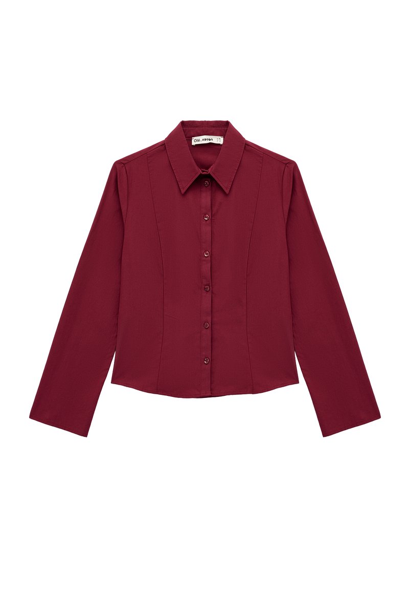 Burgundy long-sleeve shirt with a pointed collar, front button closure, and tailored fit, featuring vertical darts for shaping.