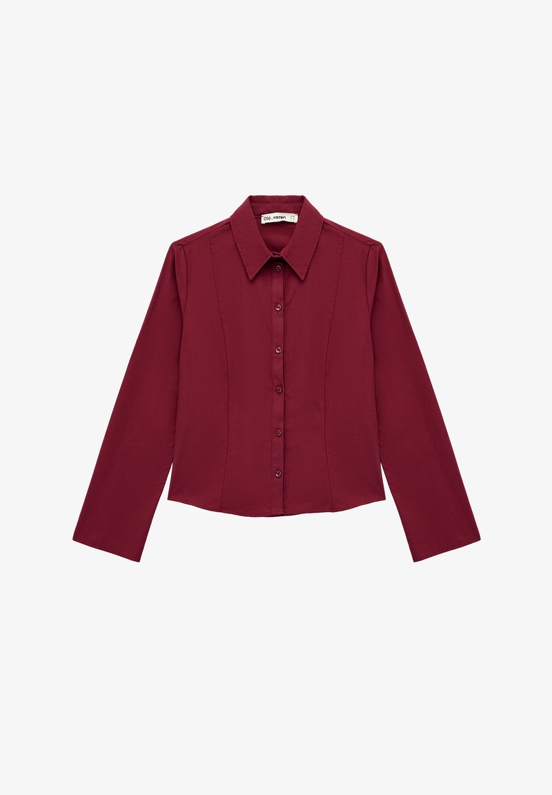 Camicia a maniche lunghe bordeaux con colletto a punta, chiusura frontale con bottoni e vestibilità sagomata, caratterizzata da pinces verticali per una migliore forma.