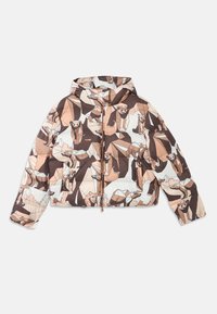 Giacca con cappuccio trapuntata con stampa geometrica di orso in tonalità di marrone e crema. Include una cerniera frontale e tasche laterali.