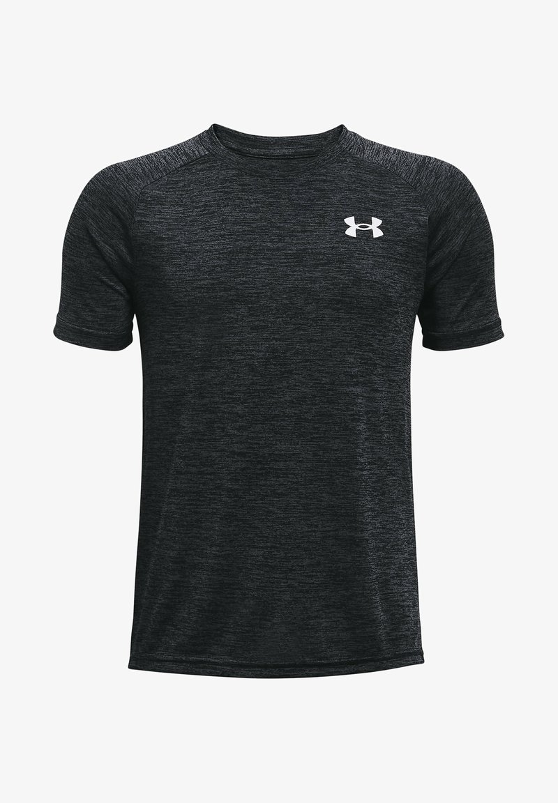 Camiseta atlética negra de manga corta con una tela texturizada, que presenta un pequeño logo blanco en la parte superior izquierda del pecho y un cuello redondo.