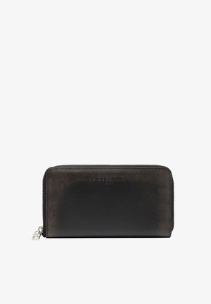 Black leather wallet with a gradient from dark gray to black. Features a zip closure, textured surface, and embossed brand logo on the front.
