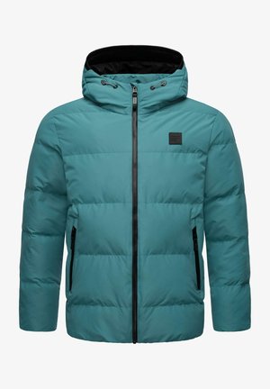 Teal puffer jacket with a zip front, raised collar, and a black inner lining. Features side pockets and a small logo on the chest.