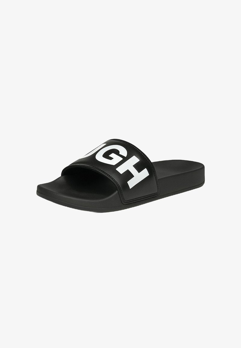 Black slide sandal with a wide upper featuring bold white lettering. Made of synthetic material, it has a flat sole and open toe design.