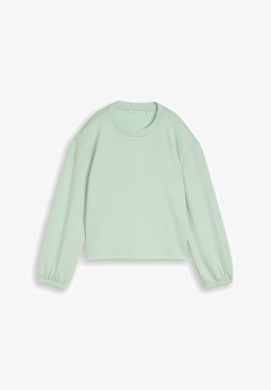 Sweat-shirt vert clair à manches longues avec poignets élastiques et encolure ronde, posé à plat sur un fond blanc.