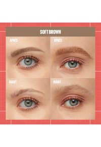 Quatre gros plans d'yeux mettant en avant les résultats du maquillage. Les couleurs incluent des tons doux de marron et de rose, avec des différences visibles dans les cils et les sourcils.