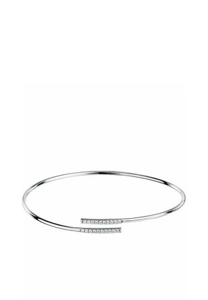 Silberne Metalarmband mit einer glatten, runden Form. Verfügt über zwei Akzentabschnitte mit kleinen, eingelassenen, klaren Kristallen. Minimalistisches Design.