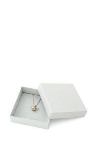 Collar con colgante de ave en oro rosa sobre una delicada cadena, presentado en una caja de regalo texturizada en gris claro con letras doradas.