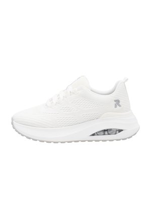 White athletic shoes with a mesh upper, textured design, round toe, and a clear air cushioning unit in the sole. Flat laces and subtle branding.
