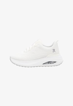 White athletic shoes with a mesh upper, textured design, round toe, and a clear air cushioning unit in the sole. Flat laces and subtle branding.