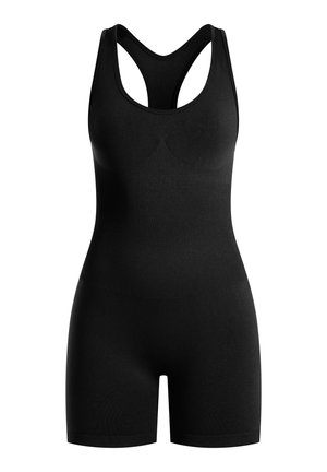 Musta urheilullinen bodysuit, jossa on istuva malli ja joustavaa kangasta. Ominaisuuksina scoop-kaarroke ja kilpailuhaalariolkaimet. Keskivartalon mittainen.