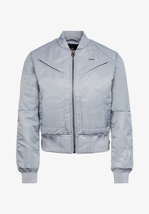 Light gray bomber jacket with front zipper, two angled chest zip pockets, ribbed cuffs, and ribbed waistband.