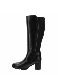 Stivale nero in pelle fino al ginocchio con zip laterale, texture liscia, silhouette strutturata e tacco largo.