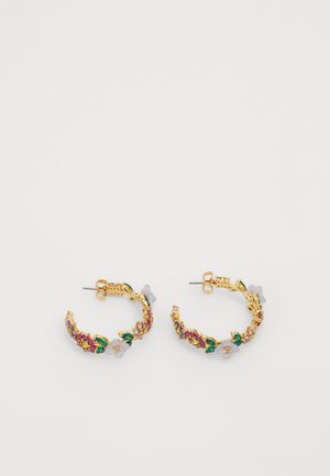 Gold hoop earrings adorned with colorful gemstones, including purple, pink, and green accents, featuring floral details and a textured finish.