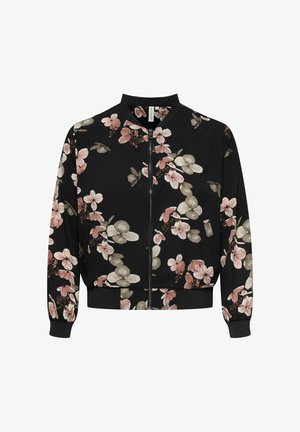 Juoda bombonešio striukė su žvynuoto audinio rankogaliais ir apačia, priekyje užsegama užtrauktuku, dengta rausvos, smėlio ir rudos spalvų gėlių raštu visame paviršiuje.