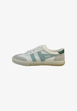 Witte Gola sneaker met lichtblauwe strepen, grijze suède neus en hiel, beige zool en groene hieltab, zijaanzicht.