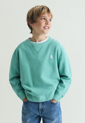 Joven niño con cabello castaño claro que lleva una sudadera verde azulado con un pequeño logo de calavera y huesos cruzados, mirando hacia un lado con las manos en los bolsillos.