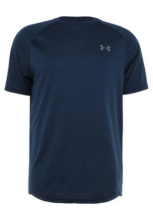 Navy blue short-sleeve athletic shirt made of moisture-wicking fabric, featuring a round neck and a small reflective logo on the chest.
