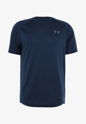 Navy blue short-sleeve athletic shirt made of moisture-wicking fabric, featuring a round neck and a small reflective logo on the chest.