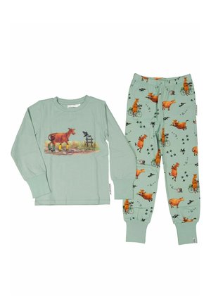 Lasten vaaleanvihreä pitkähihaisten paitojen ja housujen setti, jossa on kuvia oransseista lehmistä, jotka käyttävät keltaisia saappaita ja ajavat polkupyöriä.