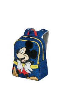 Mickey Mouse ryggsäck har ett blått tyg med svarta och gula accenter, en framsida med grafik av Mickey och vadderade remmar för komfort.