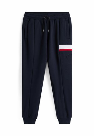 Maritieme joggers van zachte stof, met zijzakken, elastische tailleband met trekkoord en een rode en witte streep aan de zijkant.