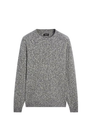 Gray knitted sweater with a crew neck, featuring a textured pattern and ribbed cuffs and hem. Fabric appears soft and warm.