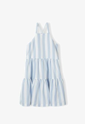 Hellblau und weiß gestreiftes Kleid mit tailliertem Oberteil und gestuftem, Rüschenspalier. Verfügt über verstellbare Spaghettiträger und eine glatte Stofftextur.