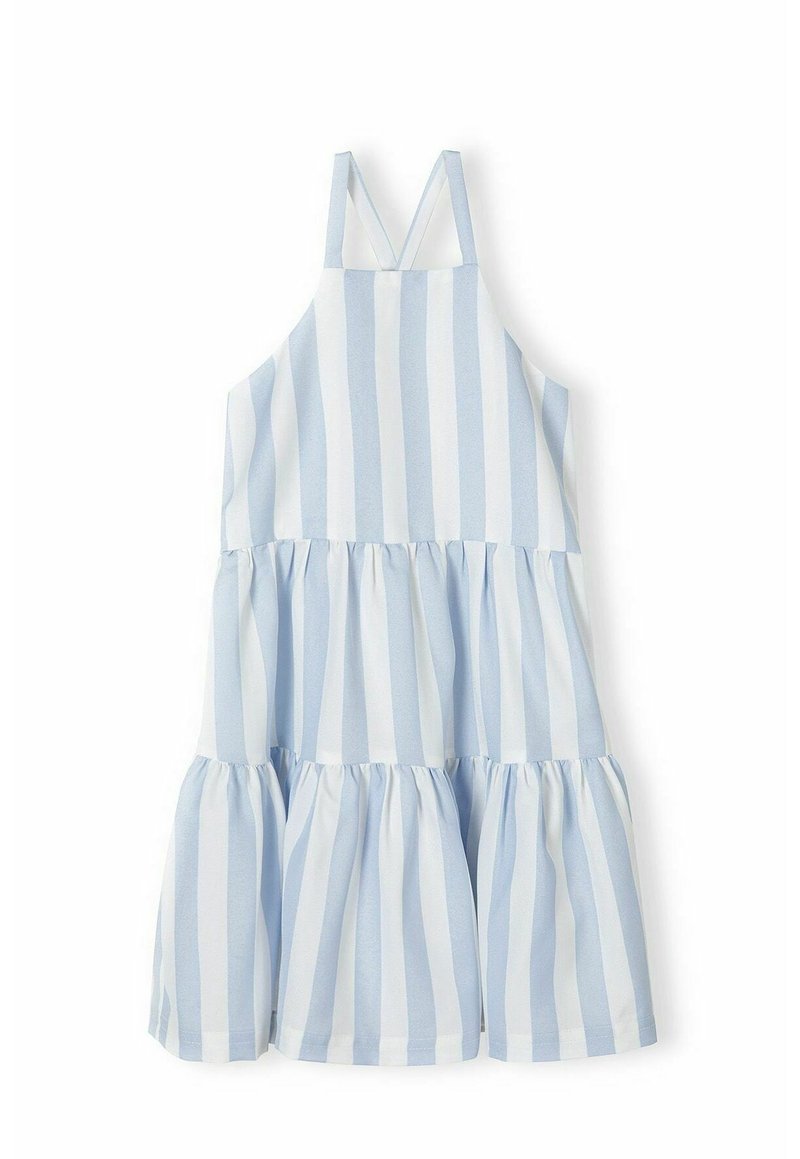 Vestido a rayas en azul claro y blanco con un corsé ajustado y una falda de volantes en capas. Presenta tirantes de espagueti ajustables y una textura de tela suave.