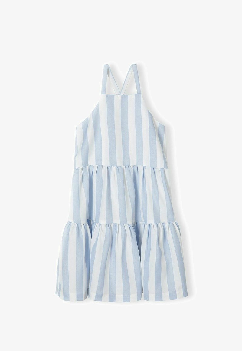 Vestido a rayas en azul claro y blanco con un corsé ajustado y una falda de volantes en capas. Presenta tirantes de espagueti ajustables y una textura de tela suave.