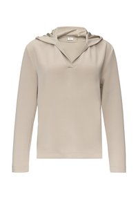 Beige Kapuzenpullover mit langen Ärmeln und V-Ausschnitt. Glattes, weiches Material, entspannter Schnitt und eine leicht übergroße Kapuze. Saubere Nähte.