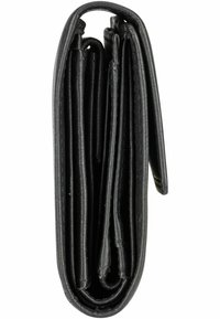 Black leather wallet, compact foldable design with multiple card slots and textured finish, featuring smooth edges and durable stitching.