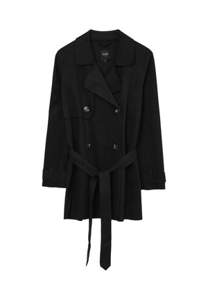 Trench-coat noir à double boutonnage en matière douce, doté d'une ceinture à nouer, de larges revers et de poignets boutonnés, avec une coupe décontractée.