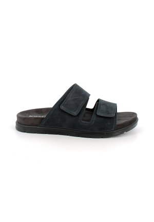 Sandalo nero open toe con due cinturini regolabili in velcro e suola imbottita, progettato per un uso casual.