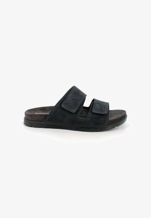 Sandalo nero open toe con due cinturini regolabili in velcro e suola imbottita, progettato per un uso casual.